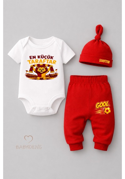 Babyden's %100 Pamuk Sarı Kırmızı En Küçük Taraftar Bebek Takımı 3'lü Kısa Kol Body,pantolon Ve Şapkalı Yenidoğan Seti 0-9 Ay Beyaz - Kırmızı