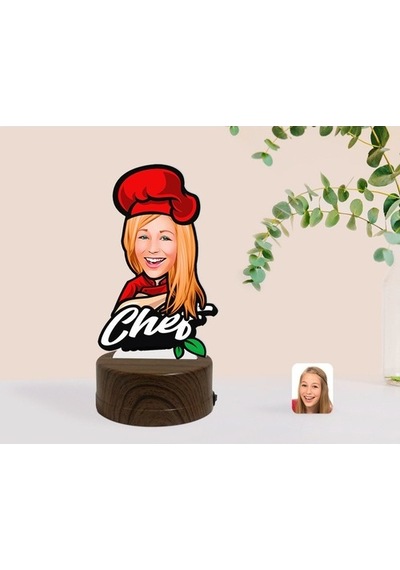 Kişiye Özel Kadın Chef Karikatürlü Dekoratif 3D Biblo Led Işıklı (481501254)