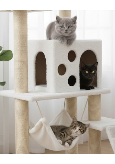 Reyo Pet B-10 Hamaklı Yuvalı Lüx Kedi Tırmalama Oyun Evi Beyaz