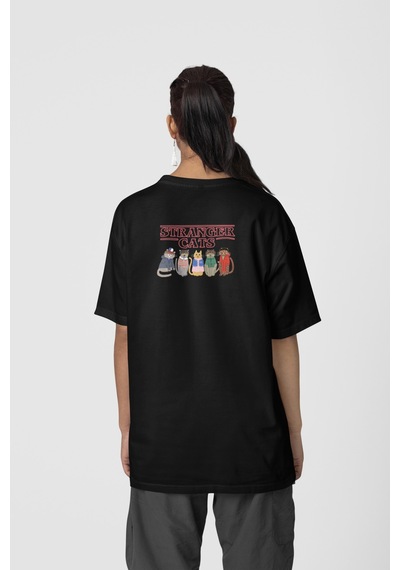 Stranger Cats Ön-arka Baskılı %100 Pamuk Beyaz Kadın/erkek Unisex Rahat Kalıp Oversize T-shirt Siyah Stranger Cats Ön-arka Baskılı %100 Pamuk Beyaz Kadın/erkek Unisex Rahat Kalıp Oversize T-shirt Siyah