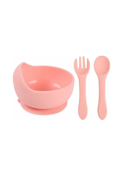 Çocuk Silikon Mama Önlüğü, Silikon Vakumlu Kase, Silikon Kaşık Ve Çatal / Pembe
