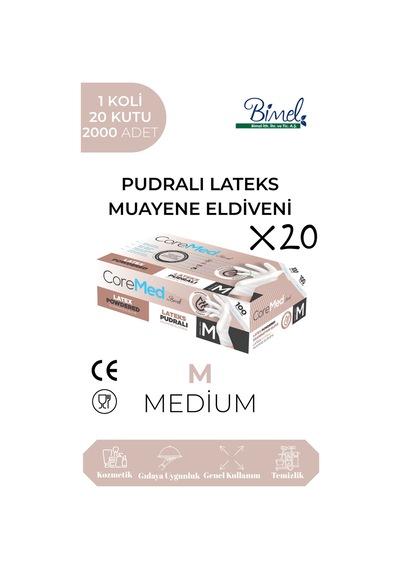 Lateks Pudralı Muayene Eldiveni M-1 Koli-20 Paket-2000'li
