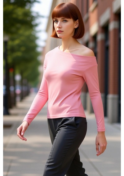 Ersefa Moda Kayık Yaka Örme Slim Çizgili Desen Casual Günlük Regular Uzu Gül Kurusu