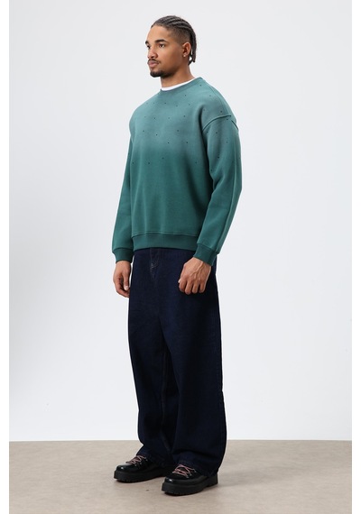 Vamos Yıkamalı Taş Detaylı Oversize Sweatshirt Nefti