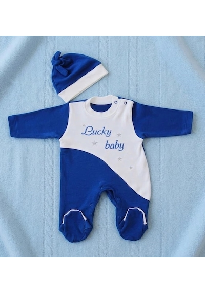 Biçomi Lucky Baby Kaşındırmayan Yumuşak Dokulu Çizgili Bebek Tulumu & Şapka Seti 0-6 Ay Lacivert