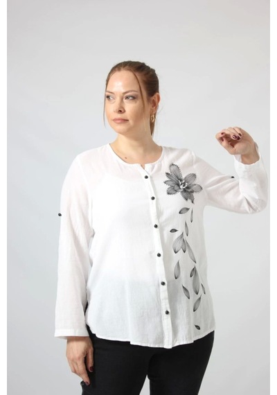 Moda Berray 3293 Beyaz Çiçek Baskılı Organik Keten Kumaş Mevsimlik Gömlek Beyaz