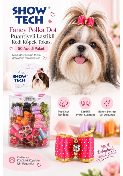Showtech Fancy Polka Dot Puantiyeli Lastikli Kedi Köpek Tokası 50 Adetli Paket