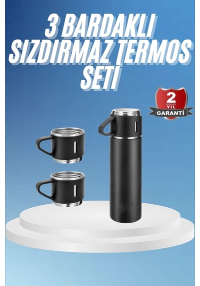 Termos Paslanmaz Çelik Termos Siyah Renk 3 Bardaklı Termos Seti Çok Rnekli