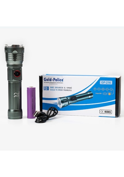 Gold Gp-216 Tg Led Şarjlı El Feneri 2000 Lümen Güç, Mıknatıslı Taban Ve Zoom Özelliğiyle Kamp Ve Tamir İşler Çok Renkli