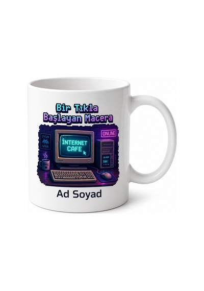 İnternet Kafe Temalı Nostaljik Baskılı Kupa Bardak Retro Gamer Hediye Beyaz / Çok Renkli