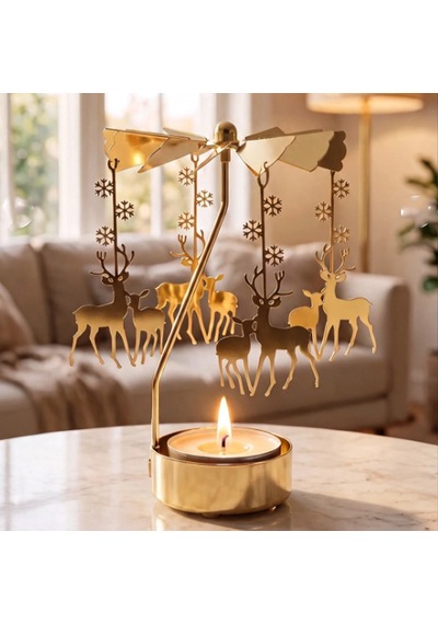 Altın Renk Geyik Figürlü Mumluk Isıyla Dönen Dekoratif Tealight Mumluk