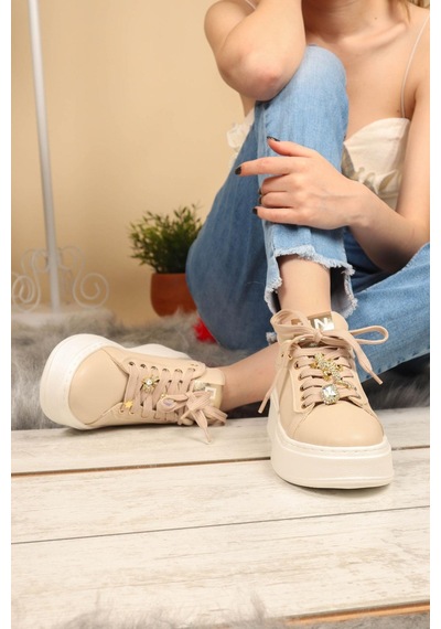 Taş Aksesuarlı Sneakers Krem-Krem