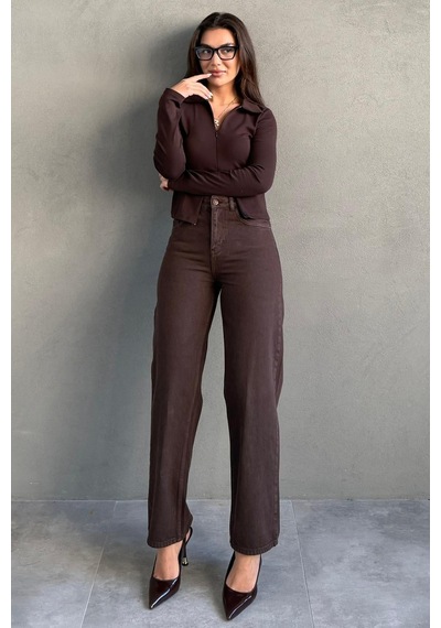 Kahverengi Yüksek Bel Mom Fit Kadın Jean Mg2654 Kahverengi