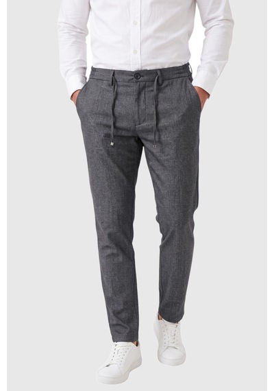 Rizzup Erkek Slim Fit Kırçıllı Gri Kumaş Pantolon İpli Esnek Bel Likralı Spor Şık Pantolon 2700252