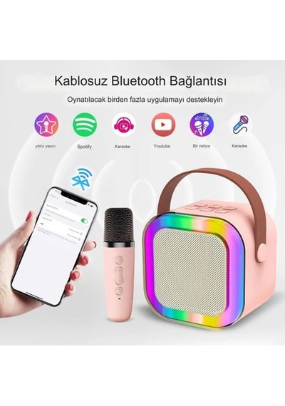 Rgb Işıklı Kablosuz Mikrofonlu Taşınabilir Bluetooth Hoparlör Kar