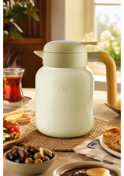 Fika Paeta Çift Katmanlı Sızdırmaz Kapaklı Çelik Orta Boy Sürahi Termos 1300 Ml Bej