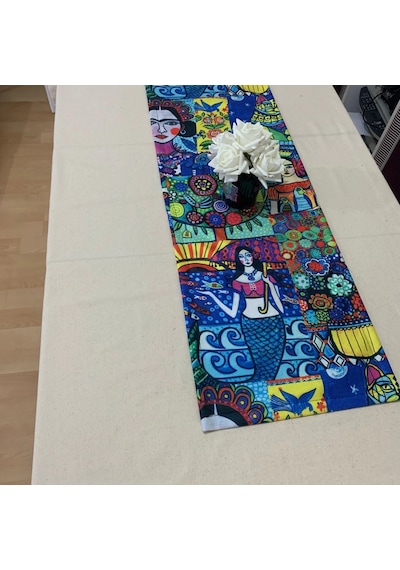 Frida Kahlo Desenli Runner, Yüksek Kaliteli Dijital Baskılı Runner, Dayanıklı, Modern Tasarım 40x145 Çok Renkli