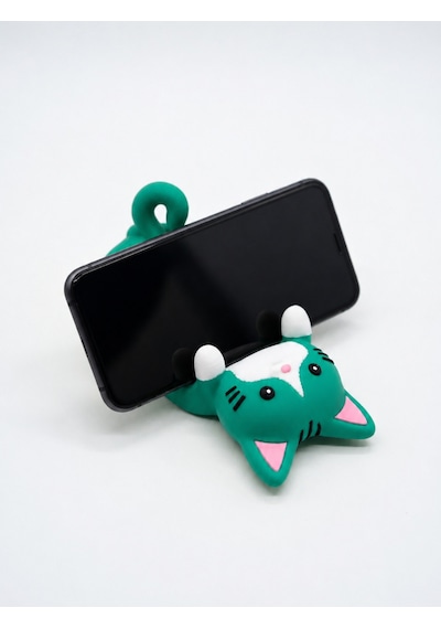 Yeşil Kedi Figürlü Telefon Tutucu Stand - 3d Baskı Ofis Masaüstü Aksesuarı Ve Biblo