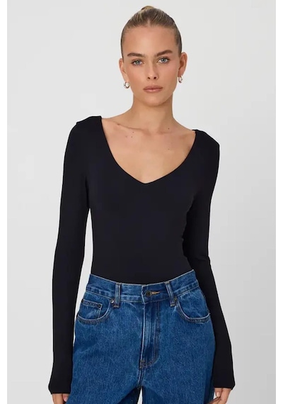 Madmext Siyah V Yaka Uzun Kol Esnek Kumaş Bodysuit Mg2132-siyah Siyah