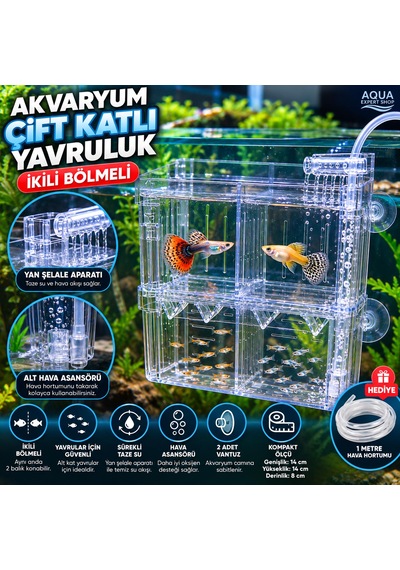 Akvaryum Çift Katlı Yavruluk - İkili Hazne - Hava Asansörlü - Şelale Filtreli - 14x14x8 Cm - Balıklar İçin Güvenli