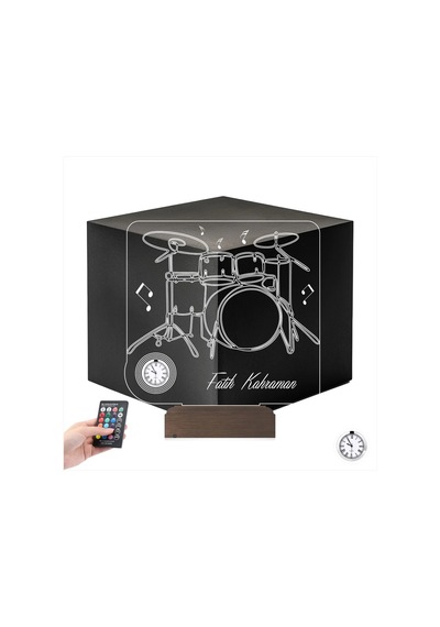 Luvivia Baterist Hediye Bateri Müzik Nota Kişiye Özel Metal Saatli 3d Lamba - Masa Gece Lambası Şeffaf