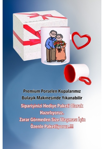 Tonton Çiftler Baskılı Kalpli Kırmızı Kupa Bardak Çay Kahve Fincanı Beyaz
