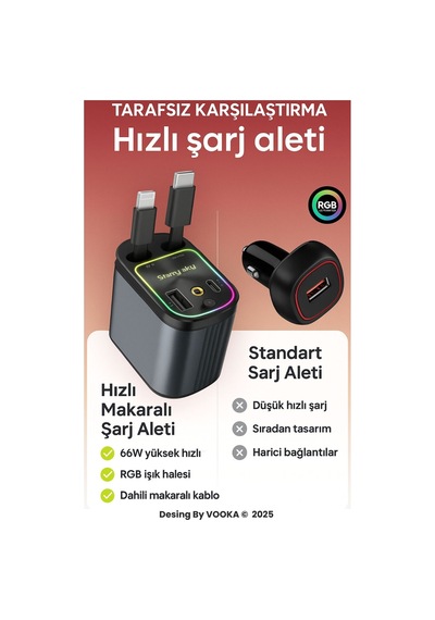 66w Araç Şarj Adaptörü Type-c + Lightning Makaralı Kablo, Usb + Type-c Girişli, Hızlı Şarjlı