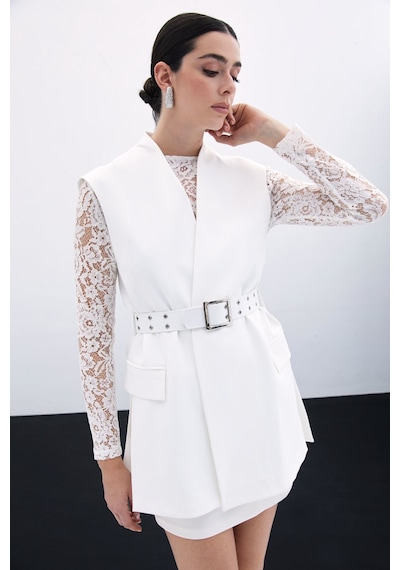 Sateen Kemerli Uzun Yelek - Ekru-135806 Ekru