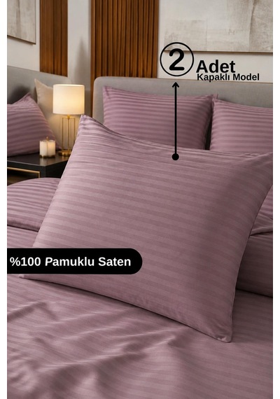 %100 Pamuk Saten Çizgili Kapaklı Yastık Kılıfı 2'li Lüx Otel Kalitesi 50x70 Mürdüm