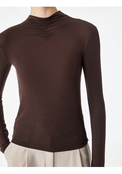 Koton Viskon Kumaş Uzun Kollu Drape Detaylı Dik Yaka Body Kahverengi 7wak50002ek Kahve