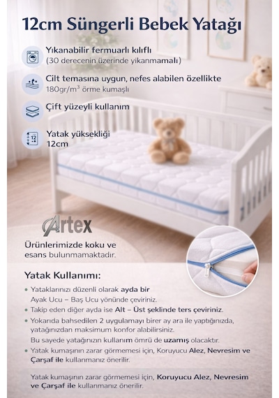 12Cm Aloe Süngerli Bebek Çocuk Beşik Yatağı 70x110 Yıkanabilir Kılıflı Park Yatak Oyun Parkı