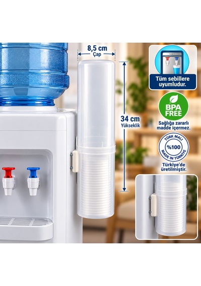 Şeffaf Sebil Bardaklığı 34 Cm 8,5 Cm Çap, Vidalı Montaj Aparatlı, Bpa İçermez