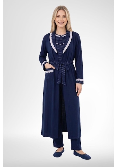 Mecit Pijama Mecit 6391 Lacivert Kadın Büyük Beden Uzun Sabahlık Pijama Takımı