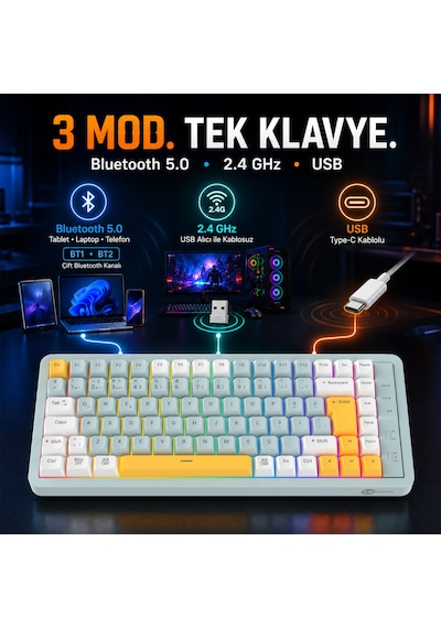 Lecoo GK805 Bluetooth 5.0 / 2.4 GHz / USB 3 Modlu RGB 85 Tuş Gasket Membran Türkçe Q Oyuncu Klavyesi