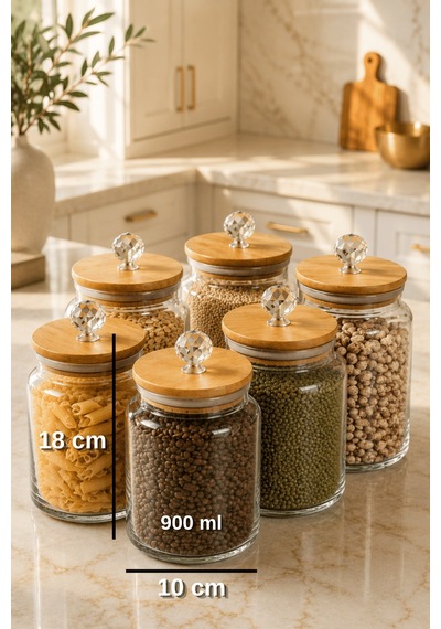 6'lı Bambu Kapaklı Kristal Aksesuarlı Cam Kavanoz Seti Hava Geçirmez Bakliyat Baharatlık 900ml Şeffaf