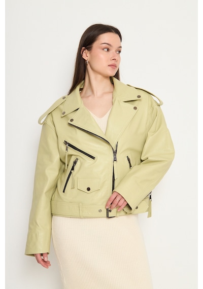M M Marki Marki Kadın Hakiki Jumbo Deri Ceket Biker Tarz, Kemerli, Oversize, Apoletli, 65 Cm, Su Yeşili - 116622x