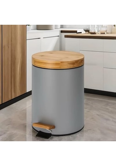 Ayrex Orret Home Bambu Kapaklı Metal Çöp Kovası Hidrolik Sistemli Yavaş Kapanma Özellikli, Pedallı, Banyo Ve Diğer