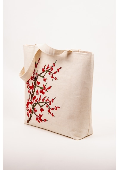Fabric Craft Bag Plaj Çantası Kanvas Çiçek Desenli Omuz Çantası Ve Şapka 38x41 Cm Krem