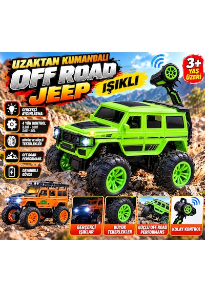 Uzaktan Kumandalı Işıklı Off Road Jeep 4 Yön Kontrollü Büyük Tekerlekli Rc Araç - Yeşil