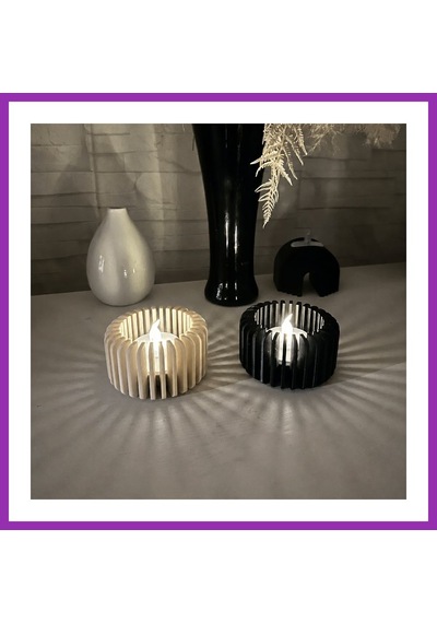 Bezos 3d Baskı Modern Çizgili Mumluk - Tealight Mumluk 1 Adet -bej Bty
