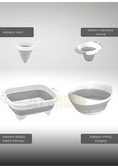11'li Set Çamaşır Sepeti- Katlanır Sele- Badya- Kova- Maşrapa- Süzgeç- Kesim Panosu-huniler Bpa Free Beyaz - Gri