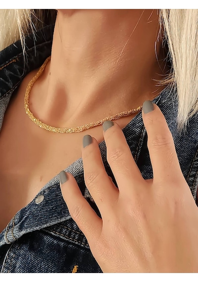 Eva Takı Store Zırh Örgü Zincir Model Çelik Zincir Dokuma Altın Kaplama İnce El Yapımı Kolye Gold