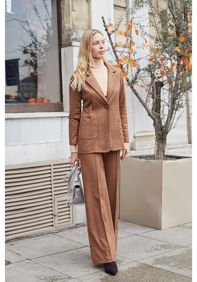 Süet Kumaş Cep Detaylı Düğmeli Şık Blazer Ceket-taba Taba