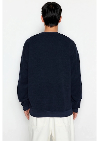 Benerly Erkek Bisiklet Yaka Düşük Kol Oversize Slogan Desenli Sweatshirt Lacivert