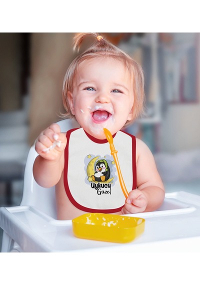 BK Kids Uykucu Güzel Tasarımlı Kırmızı Bebek Mama Önlüğü-1 Kırmızı