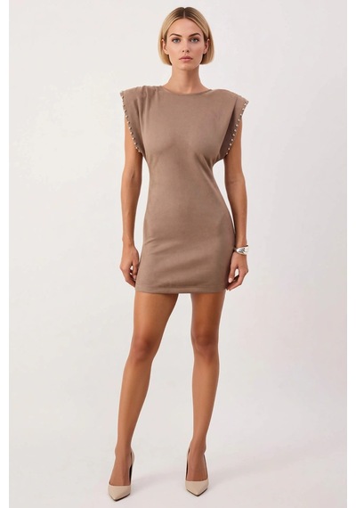 Benerly Kadın Bisiklet Yaka Kolsuz Örme Bodycon Kalıp Mini Elbise Aksesua Kahverengi