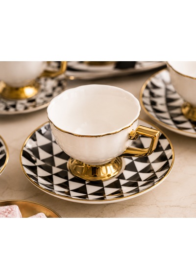 Premium Porselen 6 Kişilik Türk Kahvesi Fincan Takımı Gold Detaylı Modern Desenli Şık Hediye Seti Çok Renkli
