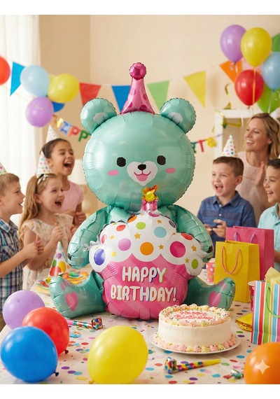 92x73 Cm Folyo Balon Oturan Ayı Cupcakeli Yeşil Parti Ve Doğum Günü Balonu Çok Renkli