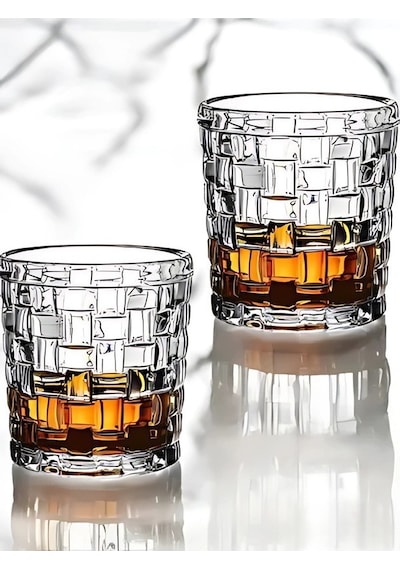 2 Adet Retro Serisi Vintage Tasarım Rattan Detaylı Kristal Kesim Viski Ve Kokteyl Bardak Seti Şeffaf