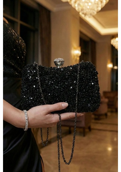 Vivazzaluxe Kristal Taşlı Kadın Abiye, Clutch Çanta Siyah